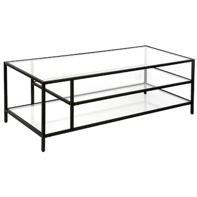 46 Inch Glass and Steel Coffee Table with Two Storage Shelves - 46” x 20” x 17”