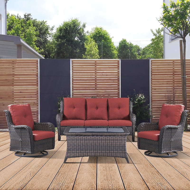 Gymojoy 4-Piece Patio Sofa with Swivel Glider Chair Set - Brown - Red