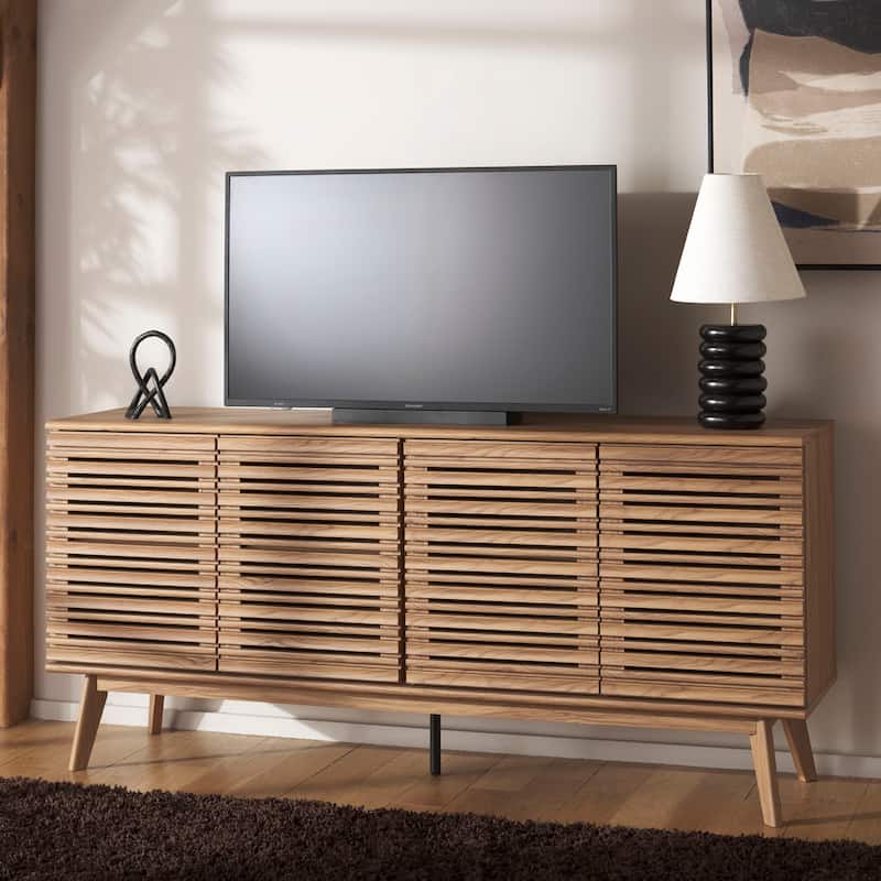 SAFAVIEH Atlantes Large 4-Door 4-Shelf Entertainment Media Stand for TVs up to 75" - 72"W x 18"D x 33"H - Oak