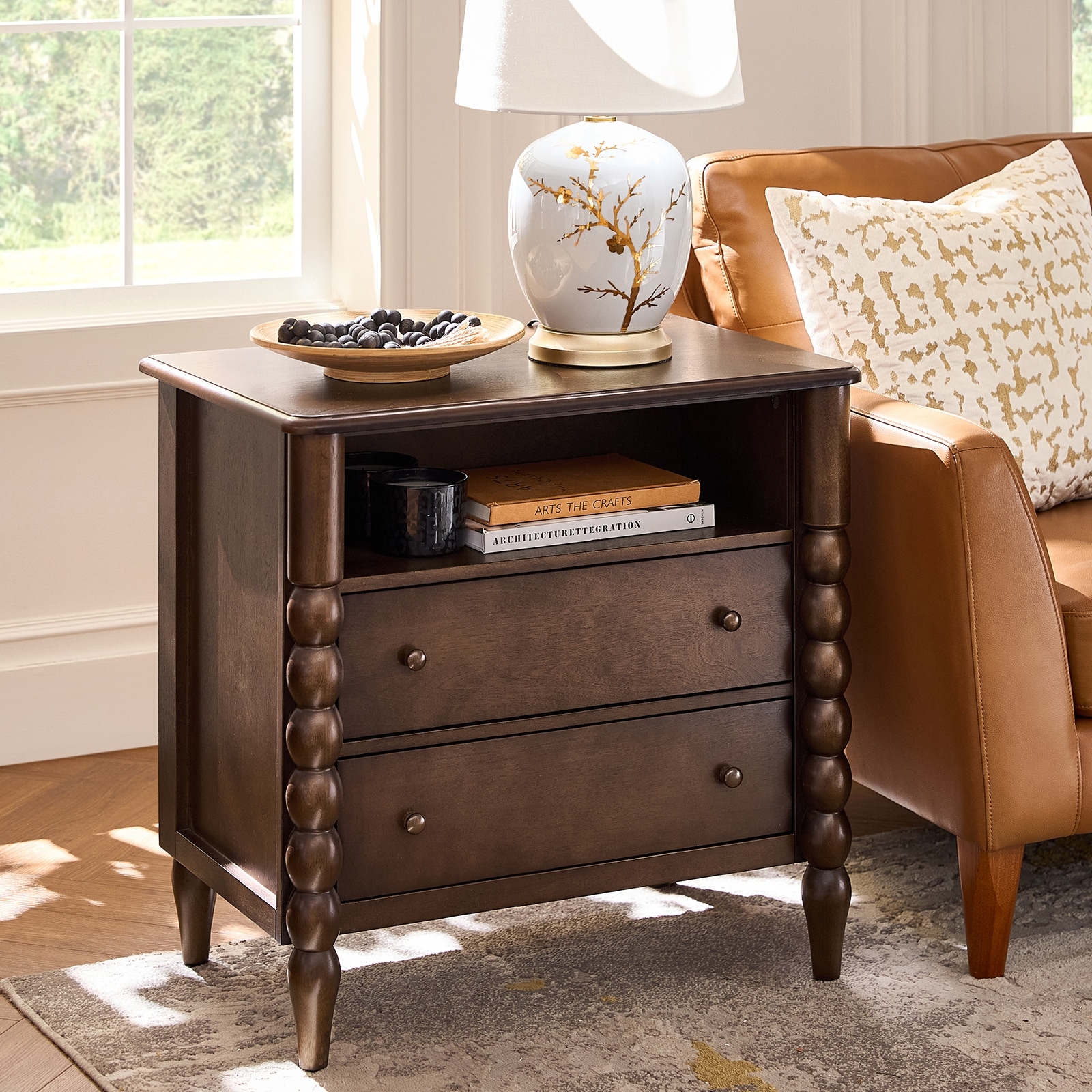 Alex Transitional 28"W 2-Drawer Spindle-Style Solid Wood End Table with Charging Station and USB Ports By HULALA HOME