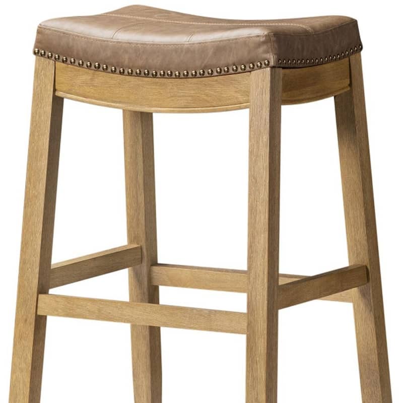 HomeRoots 31" Brown and Natural Faux Leather and Solid Wood Backless Bar Height Bar Chair