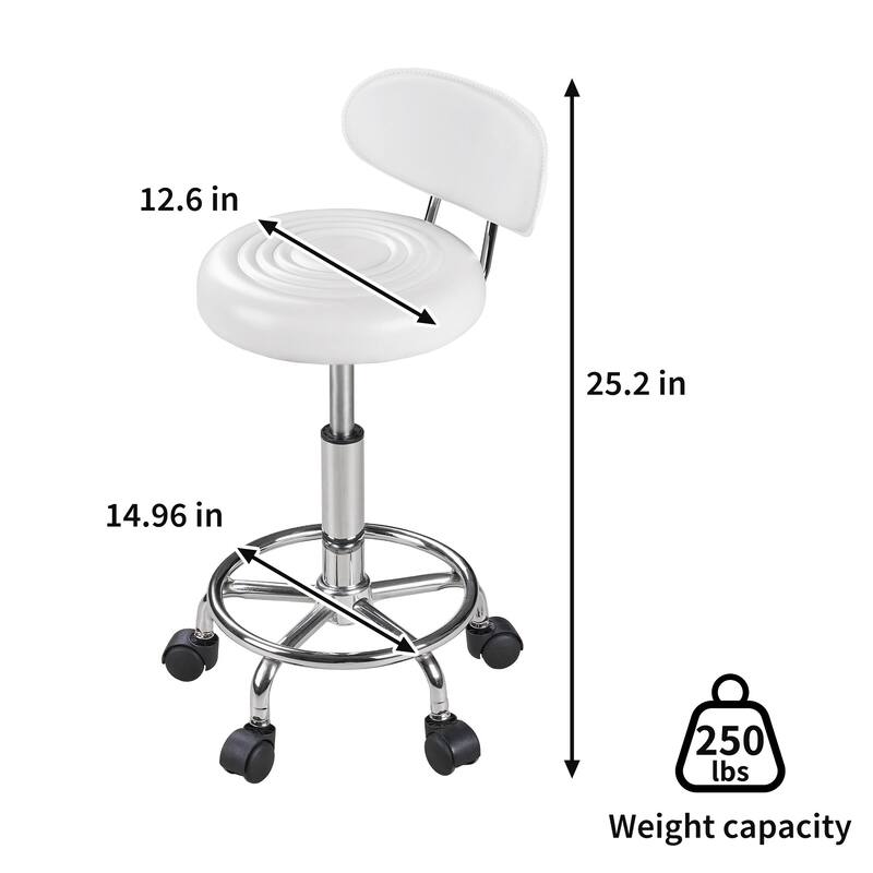 Javlergo White Office Chair Stool PU Leather Backrest Rolling Salon Stool Round Swivel Drafting Spa Stool