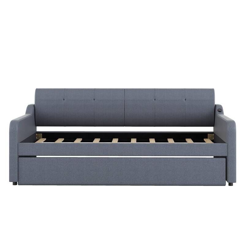 Twin Size Upholstery DayBed with Trundle and USB Charging Design,Trundle can be flat or erected