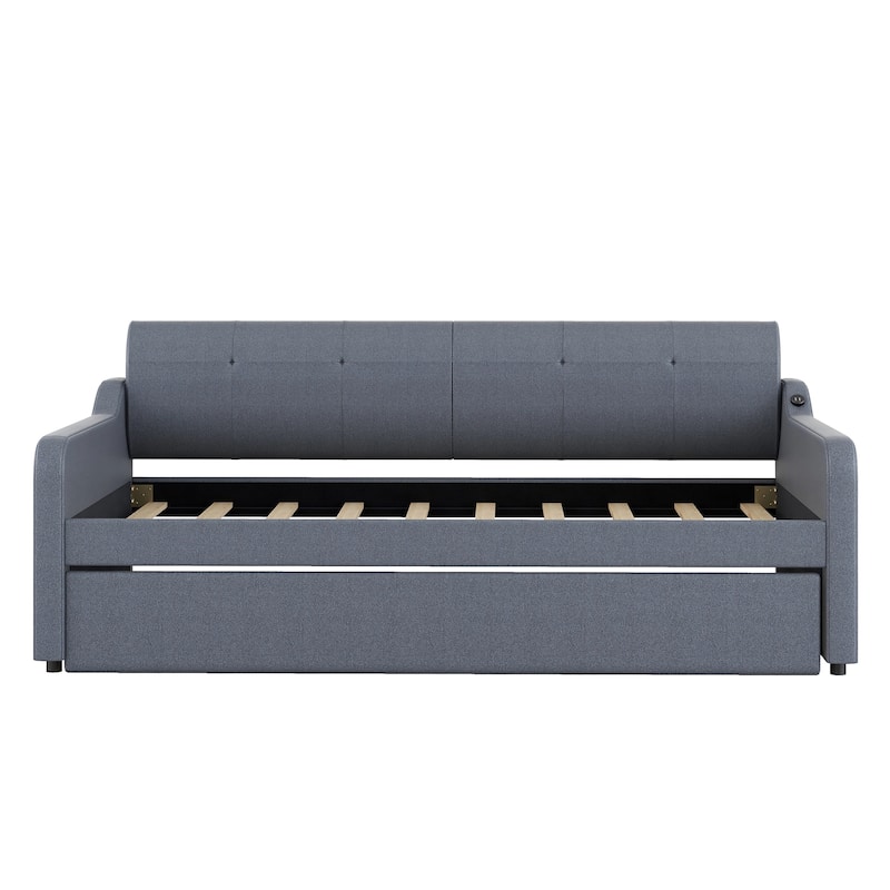 Upholstery DayBed with Pull-out Trundle Bed and USB Charging Design, Wooden Twin Size Bed Frame with Backrest & Wavy Armrests