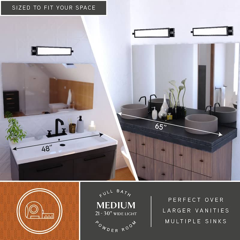 Fremont 1-Light 27 inch Wide Matte Black Bathroom Vanity Lighting Fixture, Adjustable Angle Frosted Shade, LED, Full Backplate