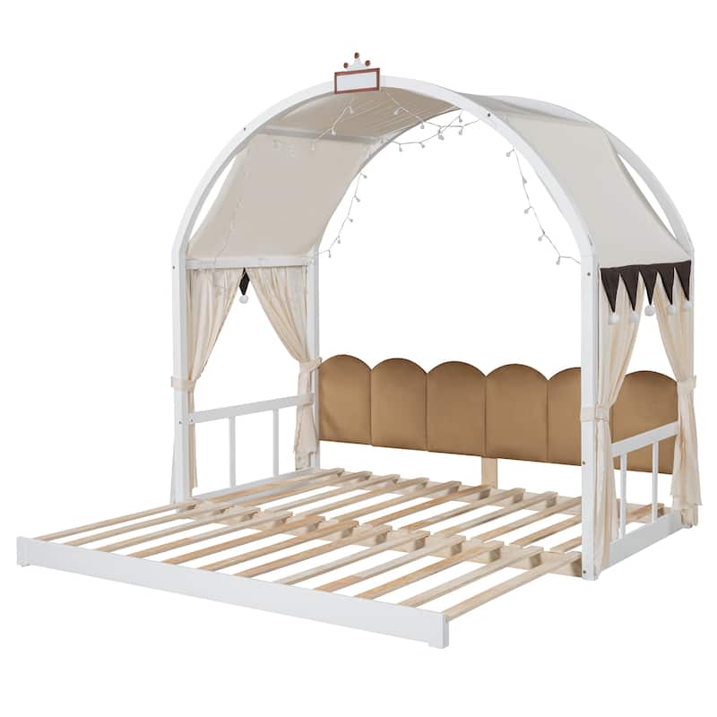 Wood Twin Size Bed Frame with Arched Roof, Floor Bed with Light and Curtain, Pull-out Kids Bed for Girls Boys Bedroom