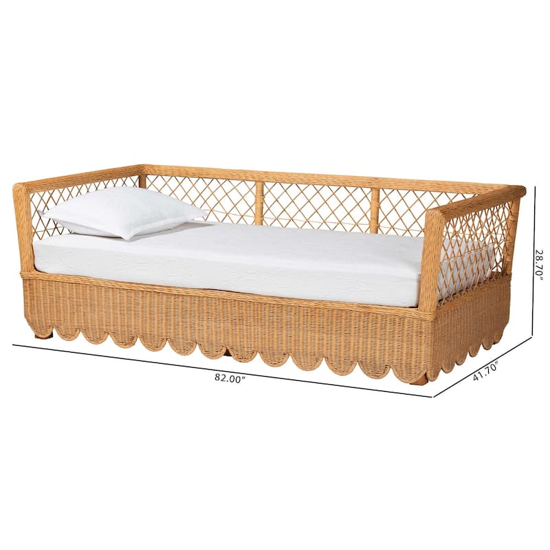Teresa Natural Rattan Daybed - Handwoven Sofa Bed Frame with Scalloped Edge and Open Lattice Back, Coastal Boho Style, Twin