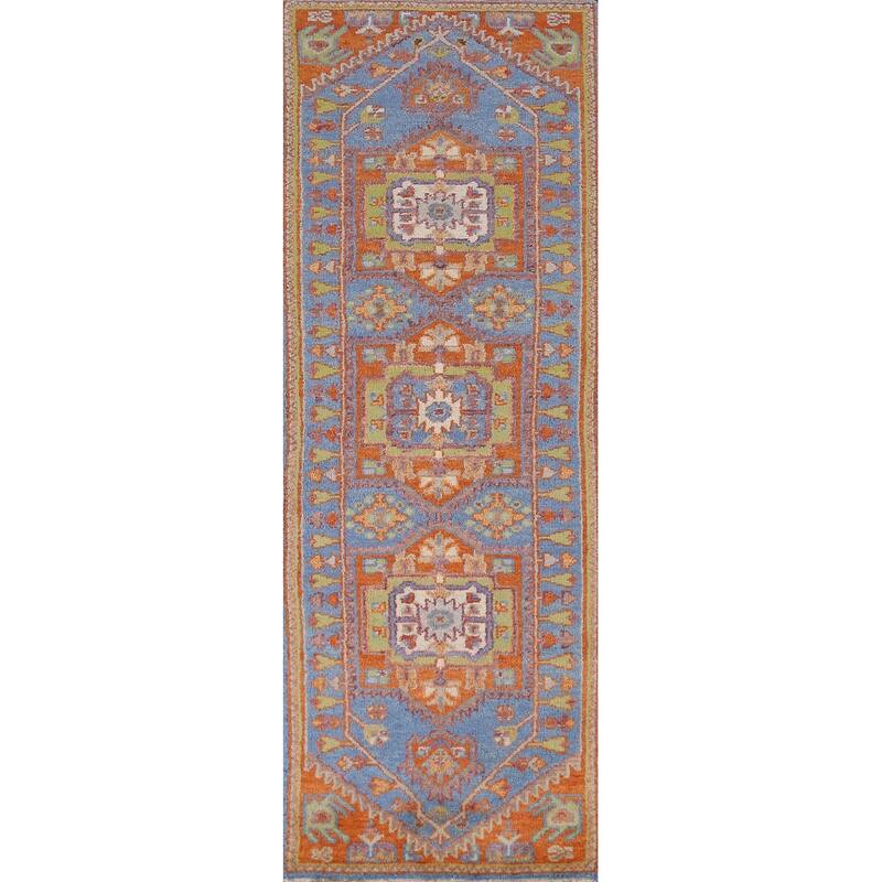 Blue Geometric Heriz Serapi Style Runner Rug Handmade Wool Carpet - 2'5" x 7'11"