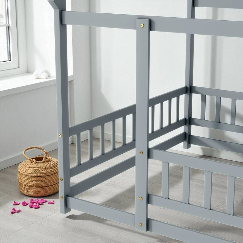 Full Size House Floor Bed with Roof Frame and Guardrails, Solid Wood Montessori Bed for Kids with Fence Design