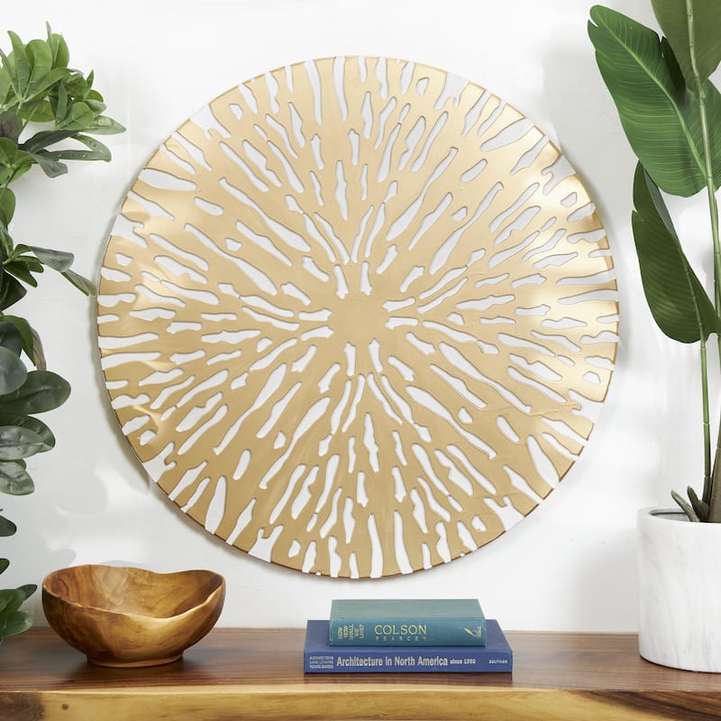 Wooden Starburst Abstract Carved Circle Home Wall Decor with White Backing - Gold - Roche River Decor
