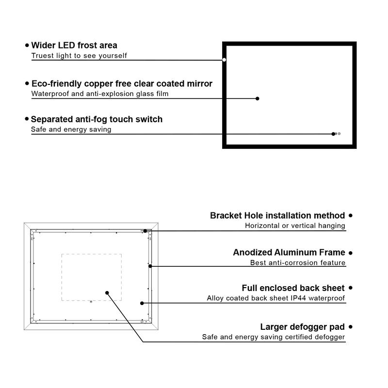 Wall Mounted Bathroom Frameless With Back/Front Light LED Mirror,Anti-fog