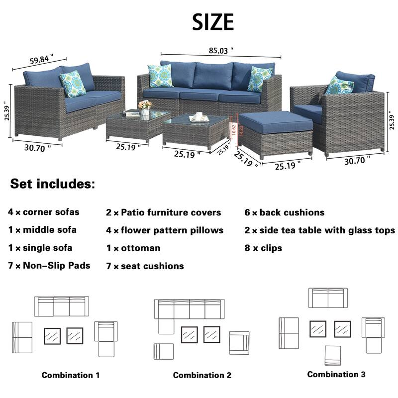 OVIOS Patio Furniture Deep Seat Wicker 9-piece Set