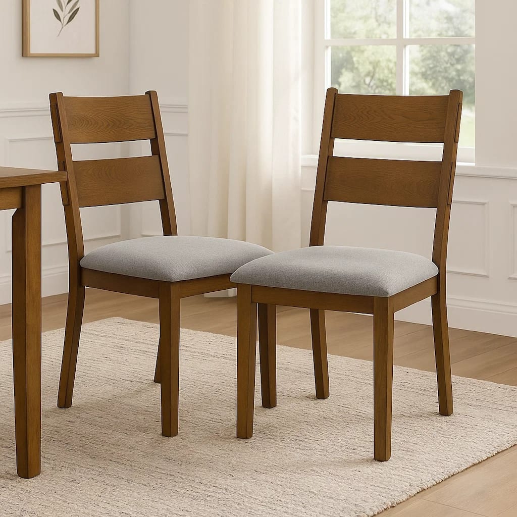 Dining Chair Set of 2, Gray Padded Fabric Seat, Brown Wood Legs