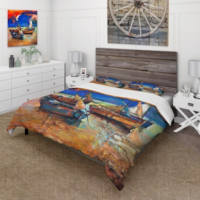 Designart 'Fishing Boats On The Water With Dark Blue Sky I' Lake House Duvet Cover Set