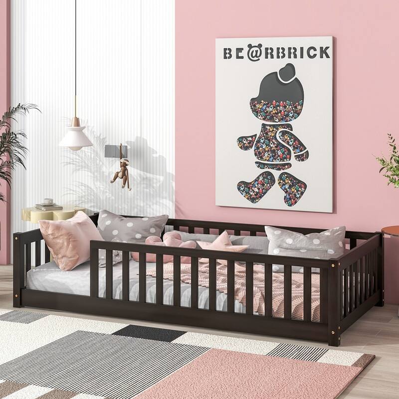 Twin Size Floor Bed with Fence without Door, with Safety Guardrails