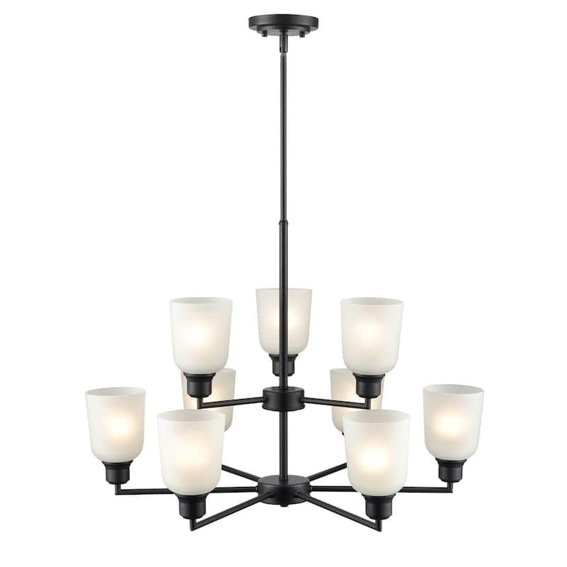Millennium Lighting Amberle 2 Tier Brushed Nickel or Matte Black 9 Light Chandelier with Frosted White Shades