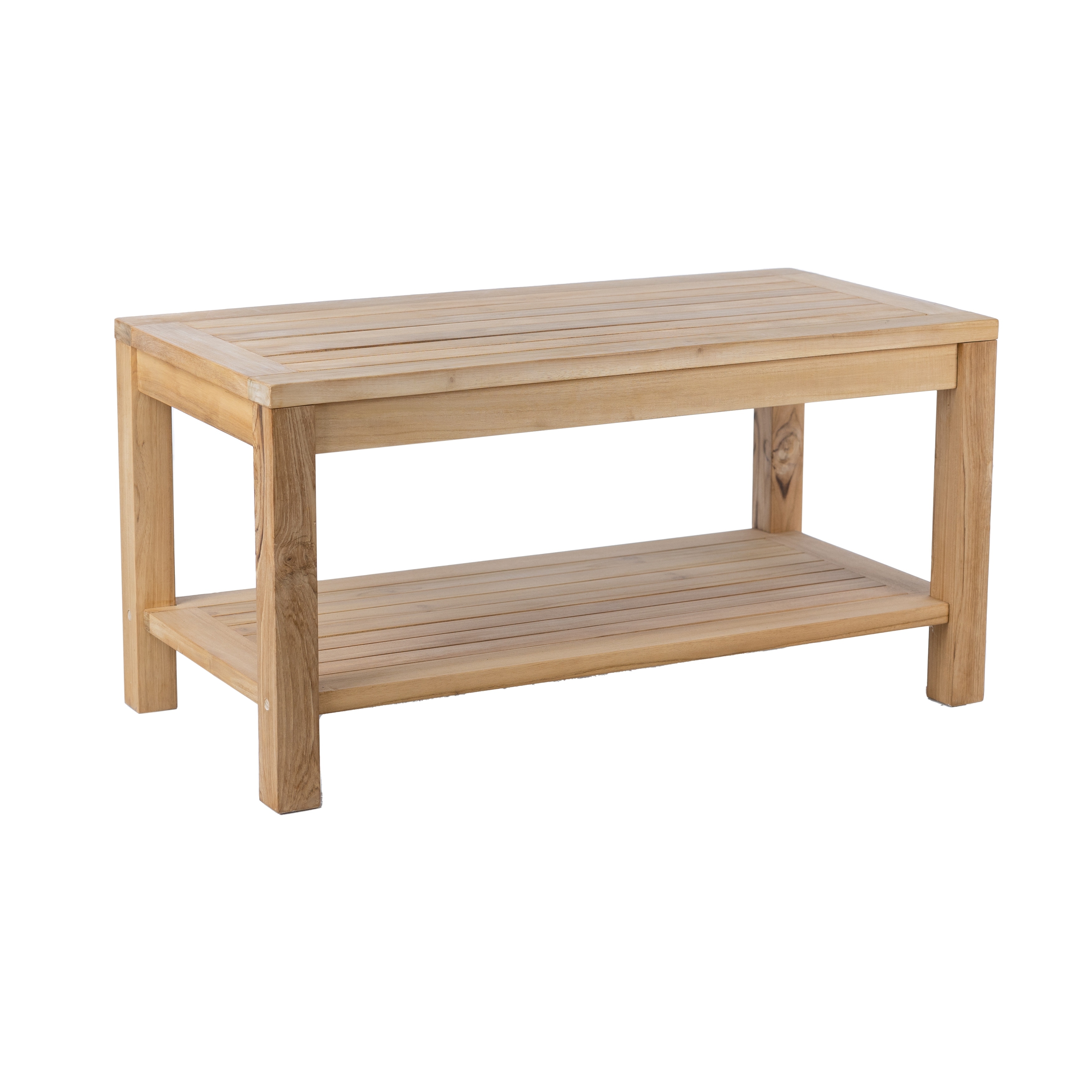 RRI Goods Teak wood Patio Table, Rectangular Natural Wood Coffee Table With Storage for Balcony, Lawn, Backyard