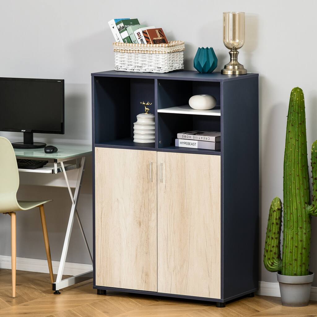 HOMCOM Multifunctional Storage Cabinet Bookcase with Doors and Display Shelves for Books, Photos, Blue and Natural Wood