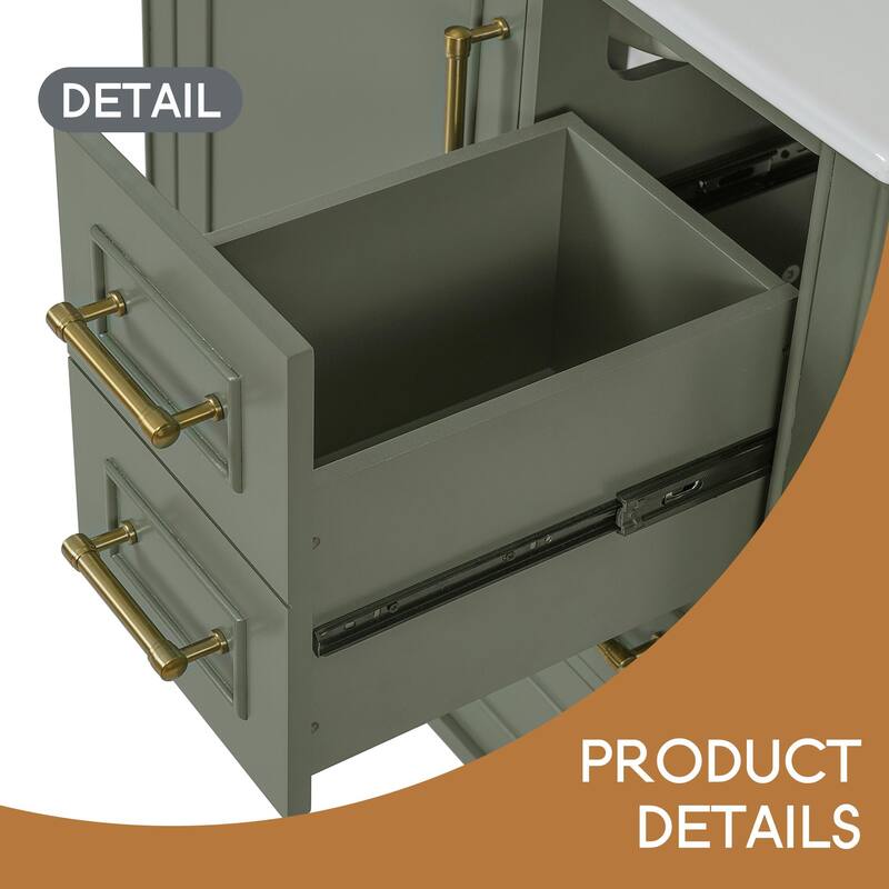 Bathroom Vanity with Ceramic Sink, Soft-Close Door with Built-in Shelf, Deep Drawer, Standard Drawer, Long Divider Drawer