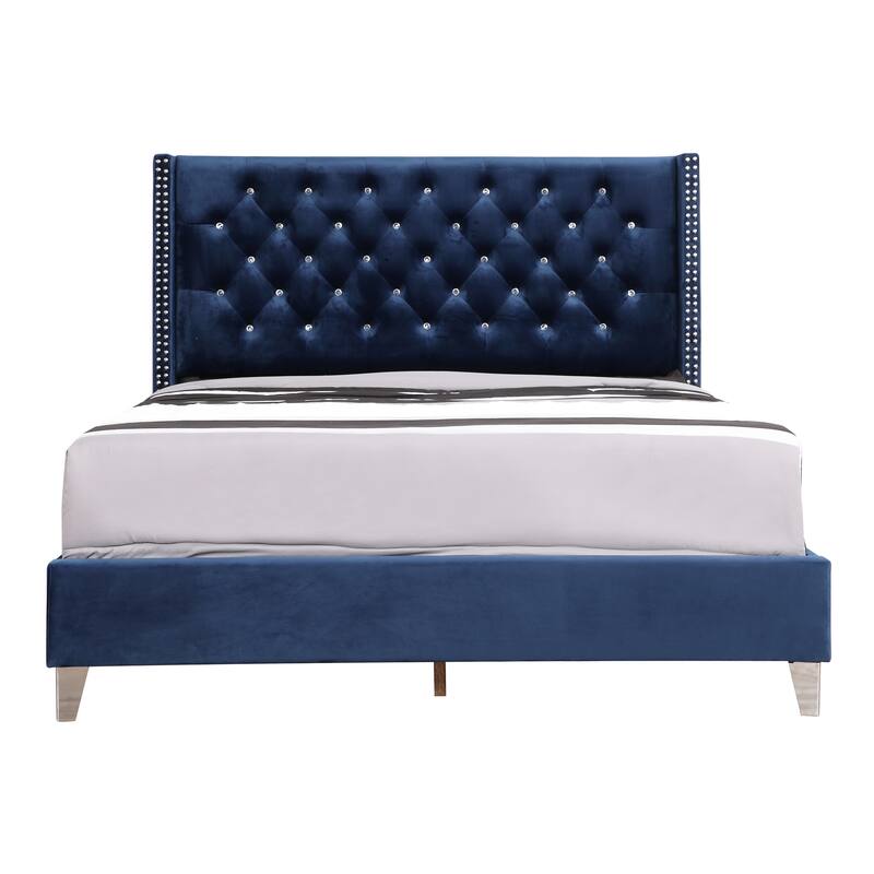 Navy Blue Upholstered Queen Bed with Transitional Style