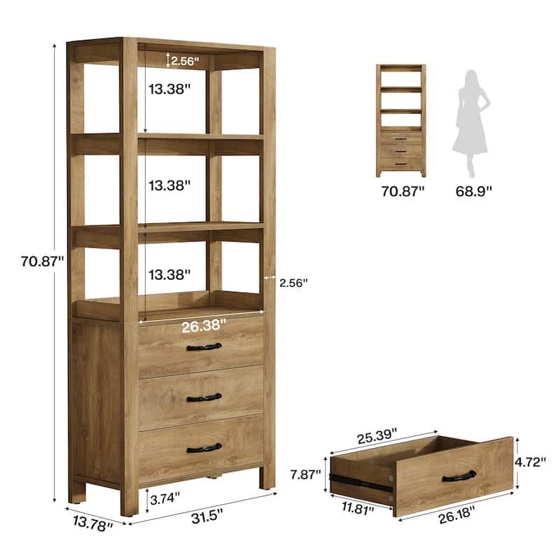 70.9" Tall Bookcase Bookshelf with 3 Drawers and 3-tier Open Shelf - 13.78" D x 31.5" W x 70.9" H