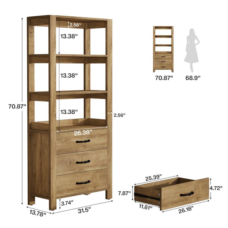 Modern 4-tier Tall Bookcase with Drawers and Open Display Shelf - 13.78" D x 31.5" W x 70.9" H