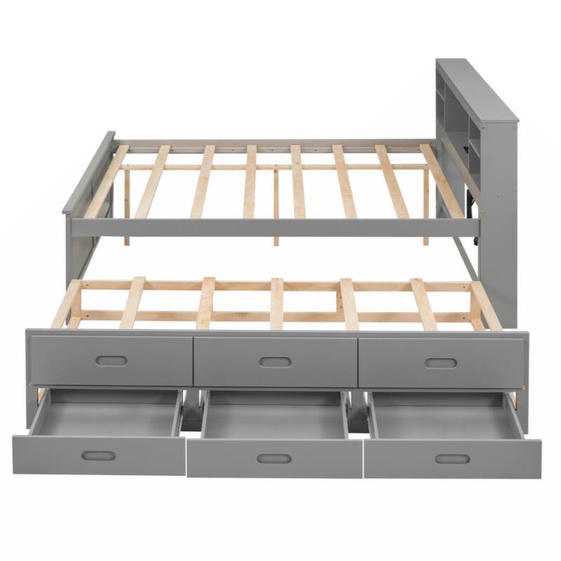 Full Size Platform Bed with Storage Headboard, USB, Twin Size Trundle and 3 Drawers