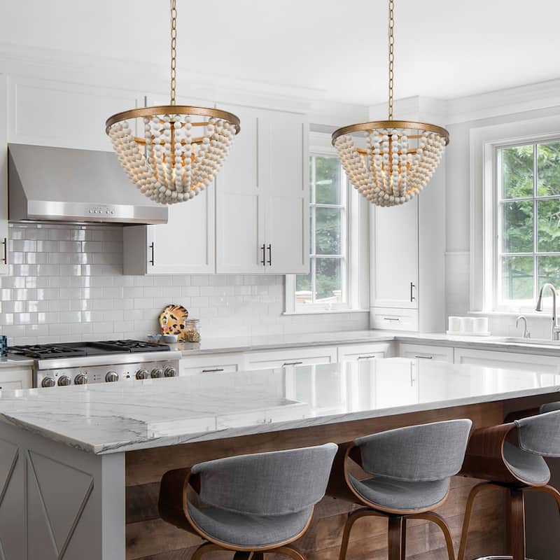 Modern Wood Beaded 3-light Chandelier Antique Brass Bowl Glam Dining Room Pendant Light - D 15.5'' x H 71.5''