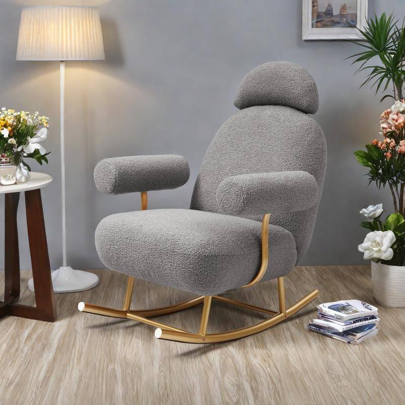 Sherpa Fabric Rocking Chair with Gold Metal Frame and 260lb Capacity - Grey