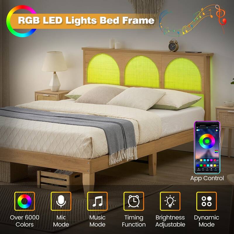 Bed Frame with Natural Rattan Headboard