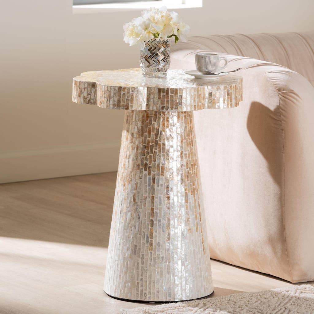 Beile Capiz Shell Pedestal End Table - Mother of Pearl Scalloped Accent Table with Textured Inlay Surface for Living Room