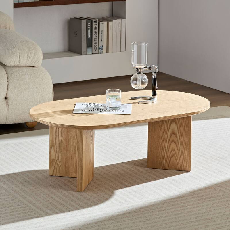 39.37 Inch Modern Coffee Table Oval Coffee Table Small Coffee Table with Base, for Living Room, Bedroom - Beige