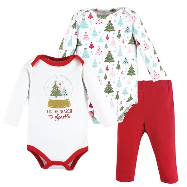 slide 1 of 1, Hudson Baby Infant Girl Long-Sleeve Bodysuits and Pants, Red Sparkle Trees 0-3 Months - Red Sparkle Trees