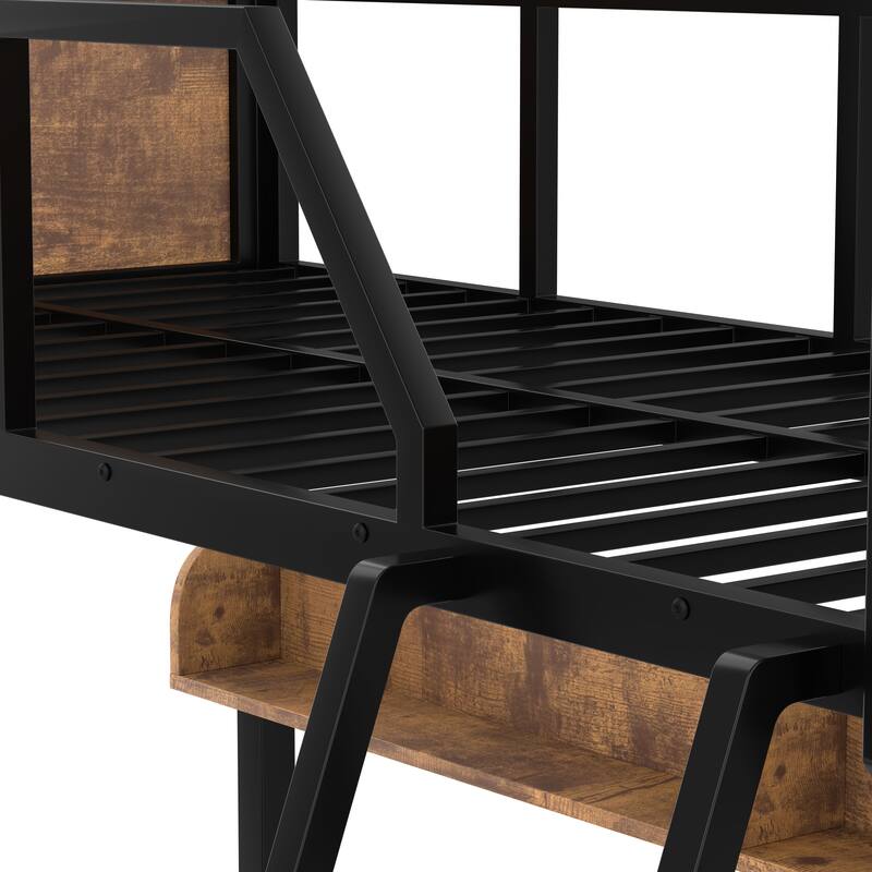 Woodgrain Accents Black Metal Bunk Bed Frame with Built-in Storage Shelves and LED Light Strip for Guest Rooms, Dorms