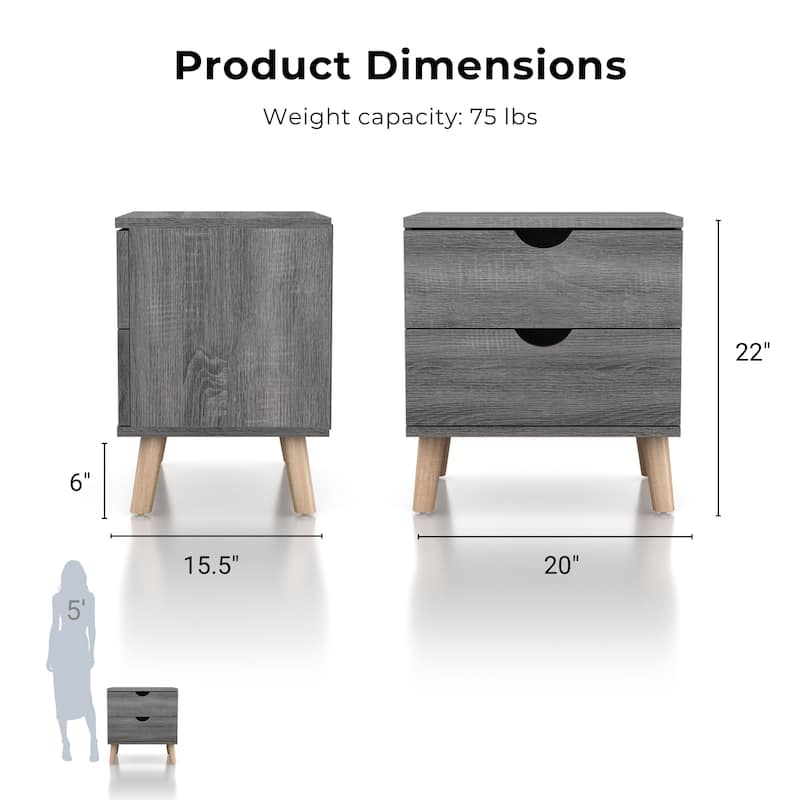 DH BASIC Mid-Century Modern Distressed Grey 2-Drawer Nightstand by Denhour