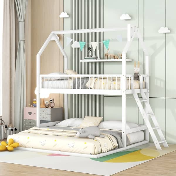 slide 2 of 9, White Twin over Twin-Twin House Bunk Bed with Extending Trundle and Ladder White