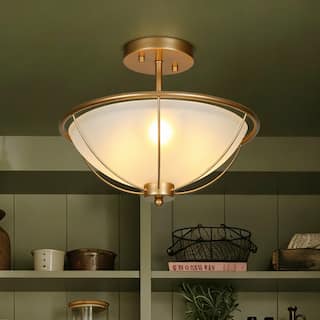 Mid-Century Modern 3-Light Gold Semi-Flush Mount Ceiling Frosted Glass Light for Kitchen - 13" D x 11" H