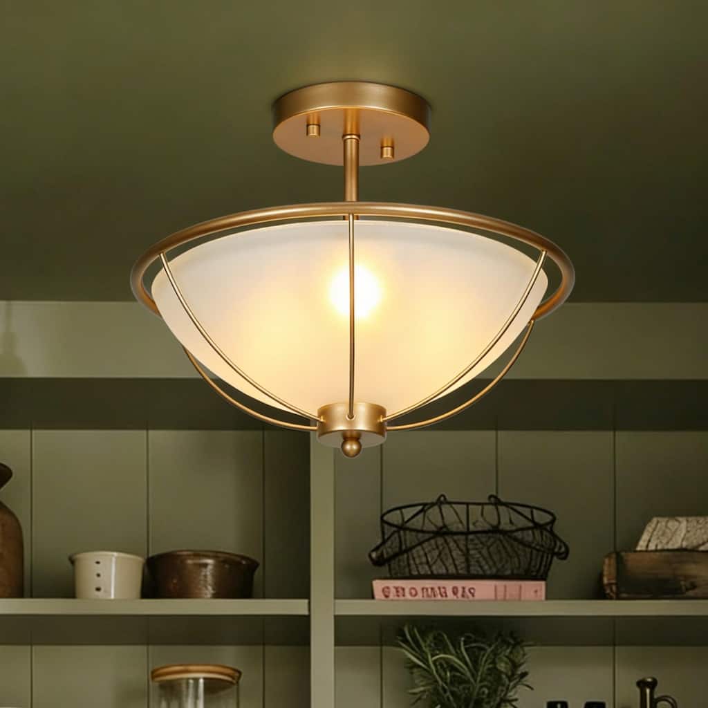 Mid-Century Modern 3-Light Gold Semi-Flush Mount Ceiling Frosted Glass Light for Kitchen - 13" D x 11" H