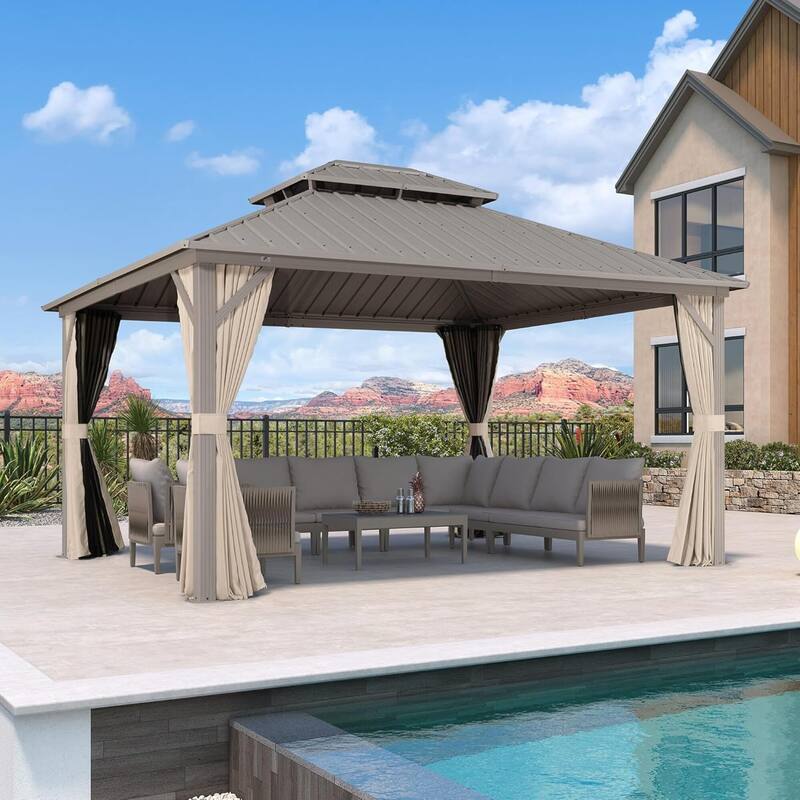 PURPLE LEAF Outdoor Hardtop Gazebo Champagne Metal Frame Galvanized Steel Double Roof with Curtains and Netting for Poolside - 10' x 12' - Gold