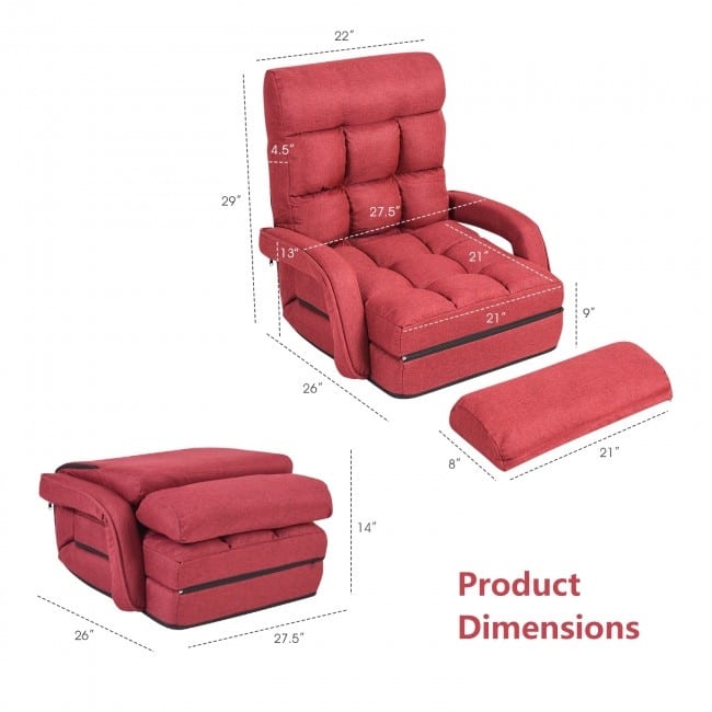 Folding Lazy Floor Chair Sofa with Armrests and Pillow-Red - 22" x 26" x 29" (L x W x H)