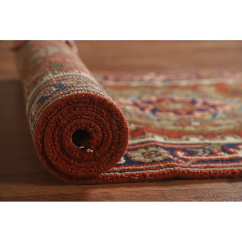 Hand Knotted Oriental 100% Wool Carpet Traditional Geometric Oranges & Rust Heriz (serapi) Runner Rug - 10' 0'' X 2' 6''