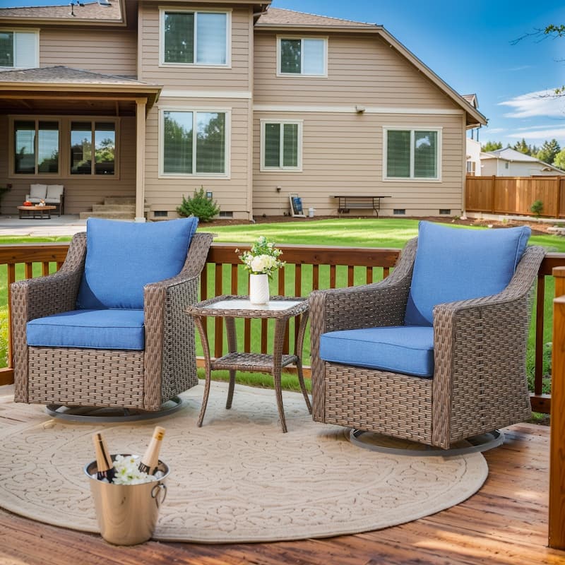 360° Rotating Wicker Patio Bistro Sets with Coffee Table - Brown - Blue - Brown