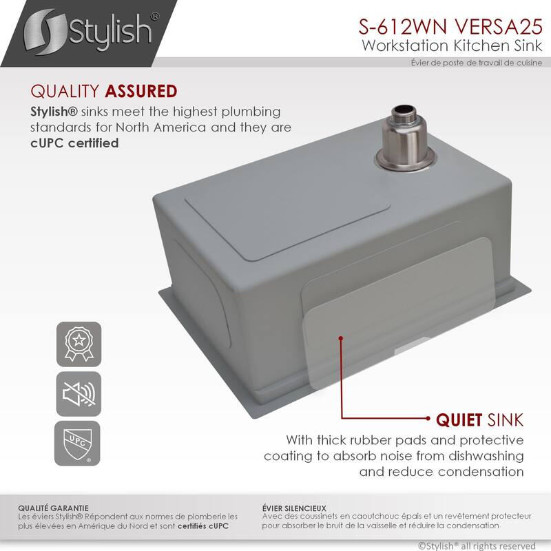 STYLISH 25 inches Workstation Single Bowl Undermount 16 Gauge Stainless Steel Kitchen Sink with Built in Accessories Handmade