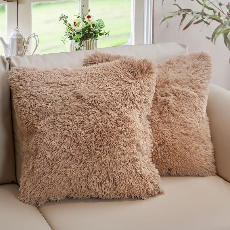 Cheer Collection Super Soft Shaggy Long Hair Throw Pillows Set of 2 Plush Accent Cushions - 18" x 18" - Taupe