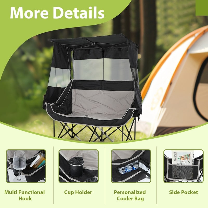 Double Folding Camping Loveseat with Canopy, Cooler, Cup Holders & Storage for Outdoor Activities