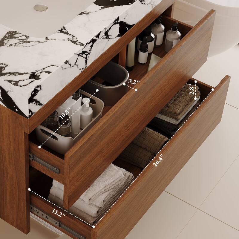 GDFStudio - Modern 31.5" Wall-Mounted Bathroom Vanity with Sintered Stone Top, Ceramic Undermount Sink & Soft-Close Drawers