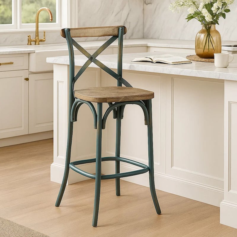 Chad 29 Inch Modern Bar Height Chair, Footrest, X Backrest, Green, Oak Wood