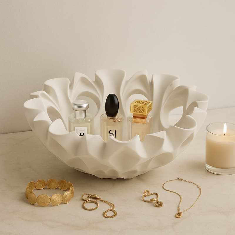 Artistic Decorative Bowl with Sculptural Cut-Out Design - 16", Tan