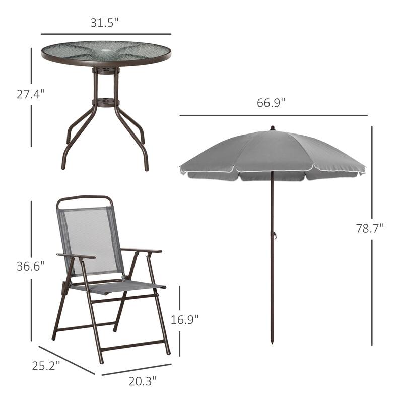 6-Piece Outdoor Patio Dining Set with Umbrella, 4 Folding Dining Chairs, and Round Glass Table