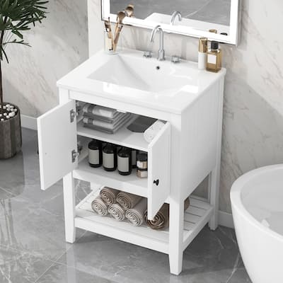 24" Bathroom Wood Storage Vanity Cabinet with Ceramic Sink and Shelf